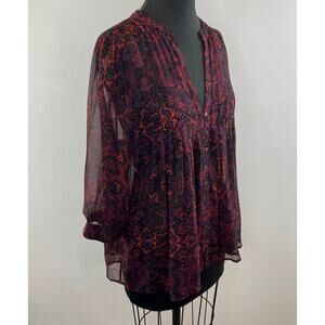 JOIE Red Black Print Long Sleeve V-Neck Button Down Silk Blouse Size Medium M